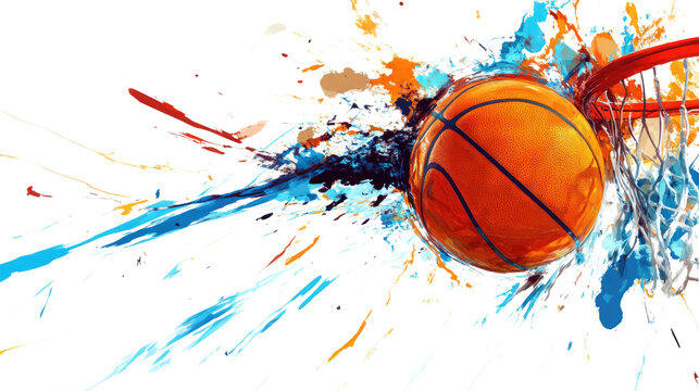 A basketball is soaring towards the hoop, surrounded by energetic splashes of paint in vibrant colors. This artwork captures the excitement and motion of the sport with a modern flair