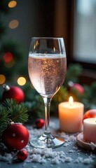 Sparkling silver glass on frosty table with festive ornaments and candles, shining, glassware
