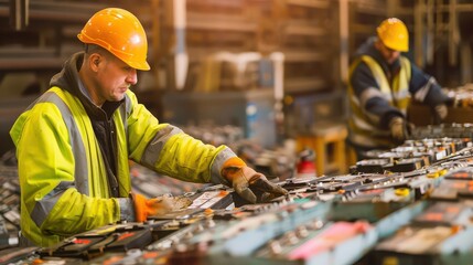 Battery Recycling Facility - Workers handling used batteries in an environmentally safe way in a recycling facility 