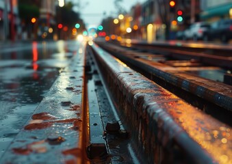 Rain-soaked urban rails glisten with city lights at dusk.