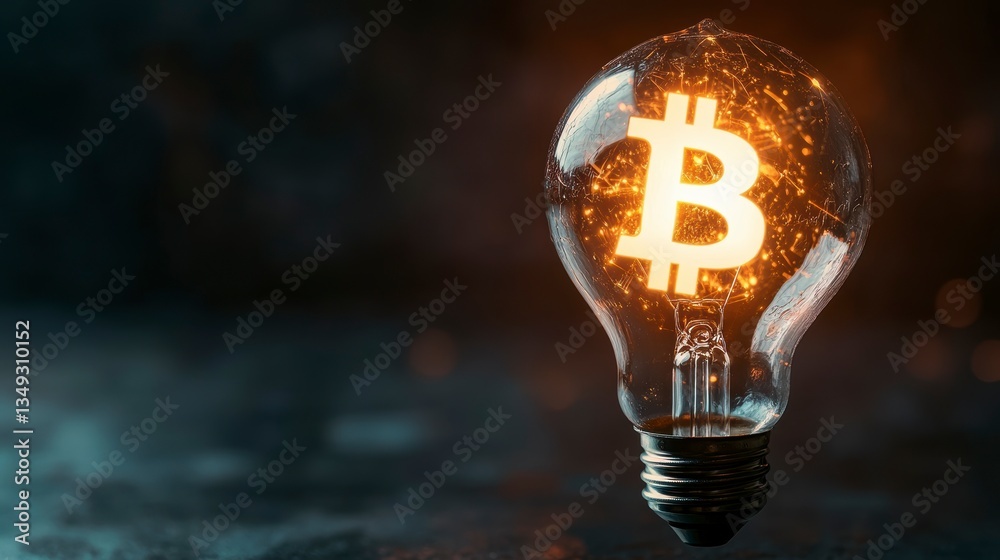 Poster Glowing lightbulb with Bitcoin symbol inside.