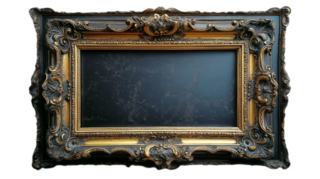 Ornate Empty Frame: A detailed shot of an ornate, antique frame, featuring intricate carvings and a striking dark central panel, perfect for artwork or display.