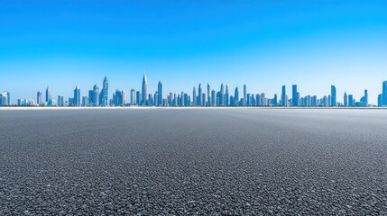 Obraz premium Modern City Skyline Viewed from an Empty Asphalt Road Under a Clear Blue Sky