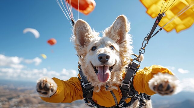 Joyful Dog Paragliding in Adventure Outfit Amidst Colorful Canopies in Clear Blue Sky