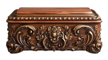 Antique Wooden Treasure Chest: A finely crafted antique wooden treasure chest, adorned with intricate carvings and ornate details, evokes a sense of history, mystery.