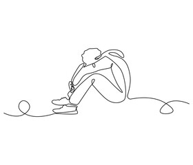 Continuous one line drawing of sad man sitting alone. Single line drawing illustration of thinking man. Man sitting alone concept vector art. Doodle line illustration.