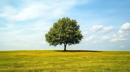Obraz premium A solitary tree in the middle of an open field, with patches of green and yellow grass surrounding it, set against a serene sky with soft clouds.