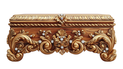 Golden Elegance: An ornate wooden box showcases intricate carvings and delicate ornamentation, emanating timeless beauty and craftsmanship.
