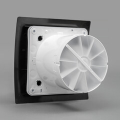 White fan on a gray background. Ventilation system.