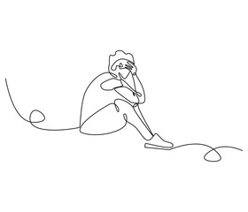Continuous one line drawing of sad man sitting alone. Single line drawing illustration of thinking man. Man sitting alone concept vector art. Doodle line illustration.