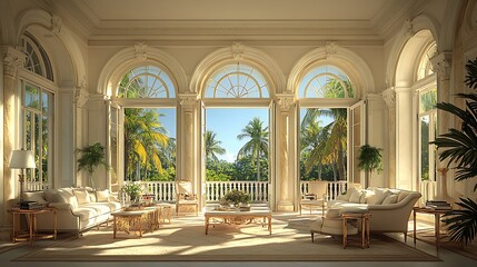 Bright And Sunny Tropical Living Room Interior With Light Furnishings