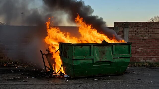 Dumpster Inferno: A dumpster engulfed in roaring flames and billowing smoke, creating a dramatic and intense scene. The image conveys chaos, destruction, and the raw power of fire. 