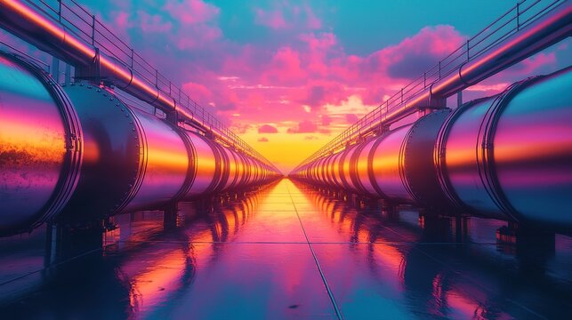 Parallel Pipelines Reflecting Sky Colors Across a Reflective Surface