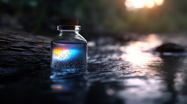 Mystical elixir in a glass bottle by a stream.  Hidden potion rests in the water