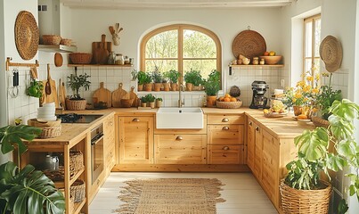 Bright Rustic Kitchen Interior Design With Natural Light And Greenery