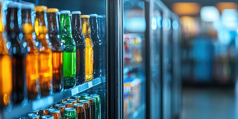 Colorful bottles in convenience store fridge, showcasing variety of beverages