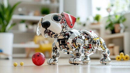 Naklejka premium Playful Robot Dog with Colorful Design in Modern Living Room Setting Surrounded by Toys and Plants