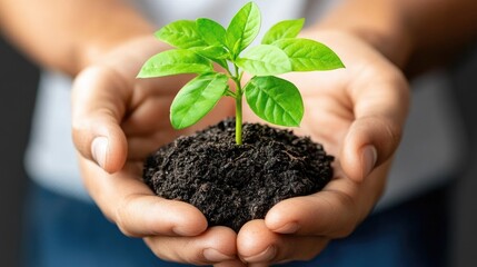 Nurturing a young plant in hands for sustainable growth