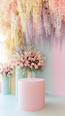 Fototapeta premium A podium adorned with cascading wisteria flowers, placed in a dreamy pastel-colored garden.
