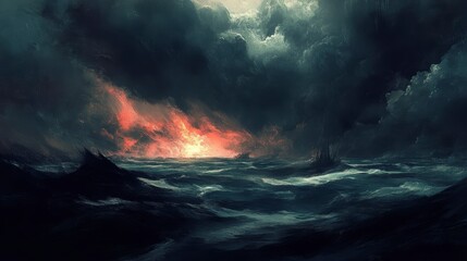 Naklejka premium Dark apocalyptic landscape with fiery sunset and ominous clouds.