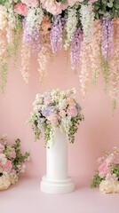 Obraz premium A podium adorned with cascading wisteria flowers, placed in a dreamy pastel-colored garden.