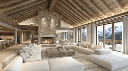 Elegant modern alpine living room with stunning mountain views