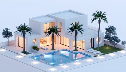Fototapeta premium Modern luxury villa, minimalist architecture, white cubic structure, multi-level, floor-to-ceiling windows, warm interior lighting, swimming pool, palm trees, tropical landscaping