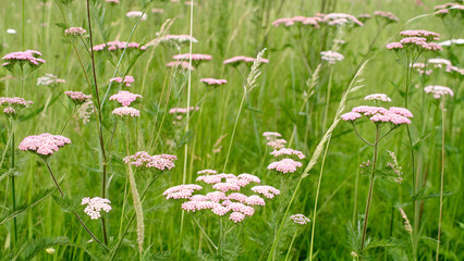 Fototapeta premium Pink yarrow blooms achillea millefolium plants