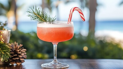 A holiday cocktail with a candy cane, served on a beachside table.