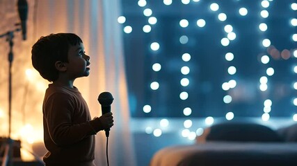 Child speaking confidently into a toy microphone on a bedroom stage
