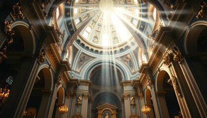 Obraz premium grand cathedral interior, ornate baroque architecture, sunbeams through dome, dramatic lighting, golden accents, arched windows, religious iconography, majestic columns, marble floors