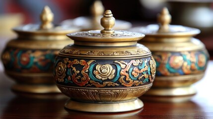 Ornate decorative metal jars with intricate designs