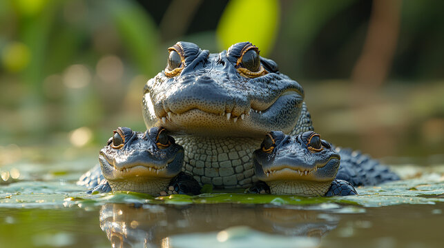 A mother alligator and her two babies nestled together in a tranquil swamp at sunrise, showcasing their intricate scales and captivating eyes in soft, natural light.
