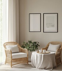 Calm Living Room Interior Two Wicker Armchairs and a Round Table