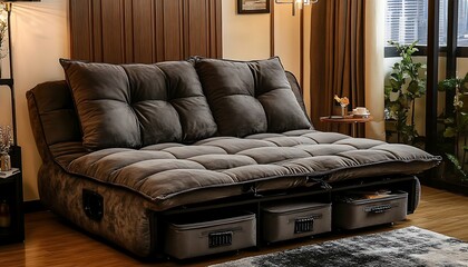 Fototapeta premium Gray Velvet Sectional Sofa with Storage in Modern Living Room