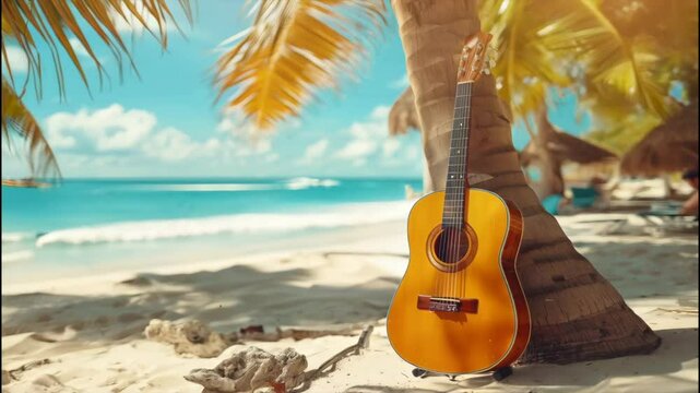 An acoustic guitar resting against a palm tree on the beach, with a serene, blurred background of people enjoying the sand and water. The scene is bathed in soft, warm light, creating a peaceful, summ