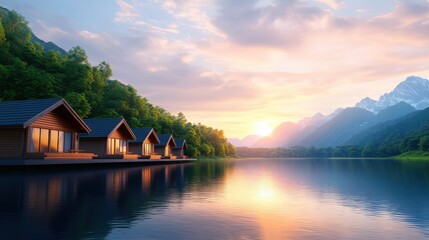 Obraz premium A serene lakeside scene featuring wooden cabins surrounded by lush greenery and majestic mountains at sunrise.
