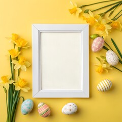 White frame with easter eggs and flowers