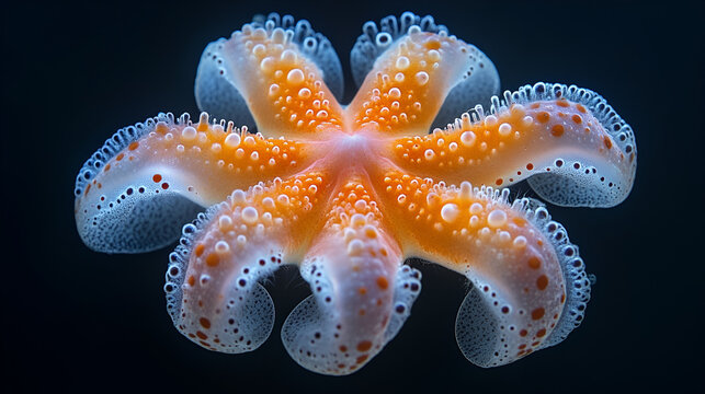 A mesmerizing deep-sea octopus, a radiant jewel of the ocean depths, displaying intricate details in its translucent arms and vibrant orange dots against a dark background.