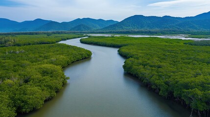 Fototapeta premium Expansive views of forests and mangroves with towering mountains in the background, featuring tranquil water and lush green, showing natural beauty and cultural heritage.