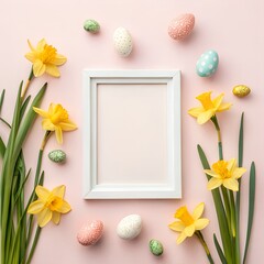Pink background with daffodils and easter eggs and white empty frame