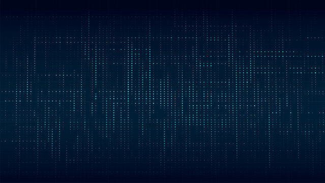 Blue matrix background. Stream of binary code. Falling numbers on dark backdrop. Digital computer code. Coding and hacking. Vector illustration.