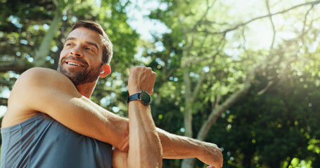 Smile, man and stretching as runner outdoor with cardio exercise, endurance training and marathon....