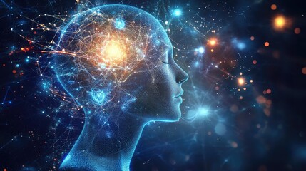 A futuristic digital representation of a human head with neural connections and glowing lights, symbolizing thought