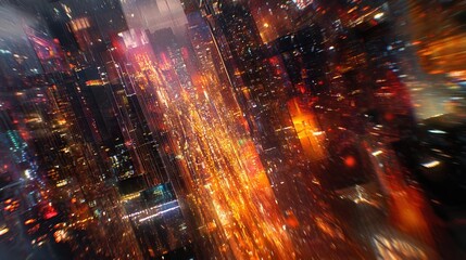 Fototapeta premium Blurry city nightscape with colorful neon lights and reflections on wet streets