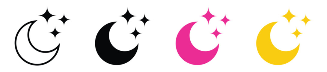 half moon with sparkles stars icon set. elegant crescent moon with stars icon set. night moon with stars symbol. lunar symbol. vector illustration on transparent background.
