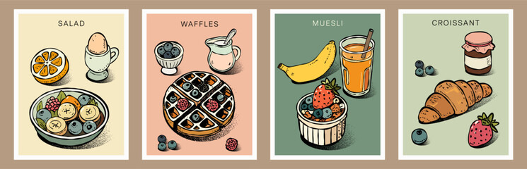 Hand-drawn breakfast food posters featuring waffles, croissant, muesli, salad, juice, fruits, and milk. Vintage-style vector illustrations with warm pastel colors. Perfect for menus, packaging, cafe b