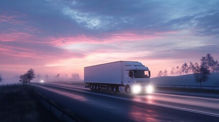 Truck driving on the highway at sunrise with scenic sky. Pink and violet long distance transportation scene in the morning