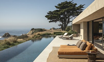 Fototapeta premium Modern Beachfront House with Infinity Pool and Minimalist Design