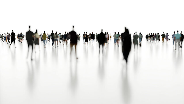Blurred silhouettes of businesspeople walking on white floor toward bright light